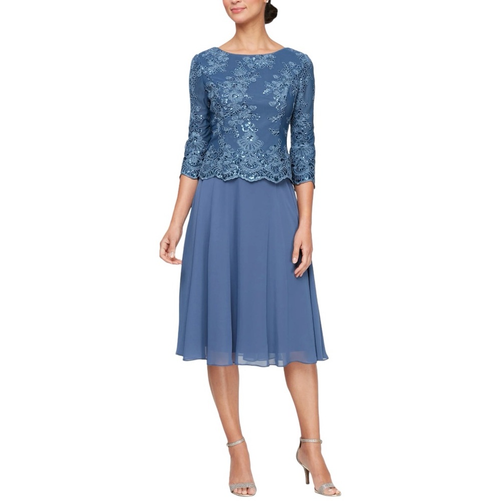 Alex Evenings 81171579 Mother of the Bride Tea Length Dress Vintage Blue - Picture 2 of 10